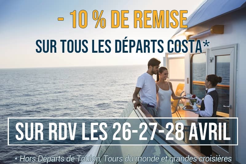 Image affichant la remise immédiate Costa Croisières exclusive Cap Croisières Voyages valable pour les journées de folie Costa les 26-27-28 avril à Cap Croisières Voyages