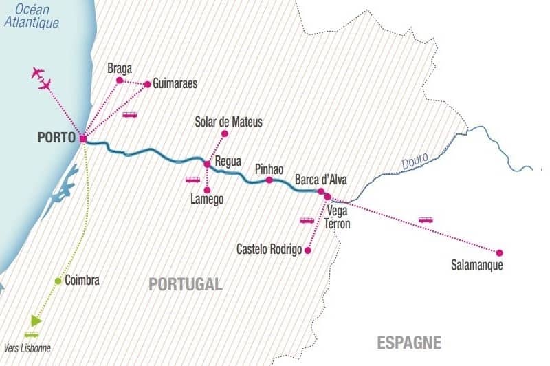 Carte itinéraire de la croisière L'Or du Douro de Rivages du Monde, proposée par Cap Croisières Voyages
