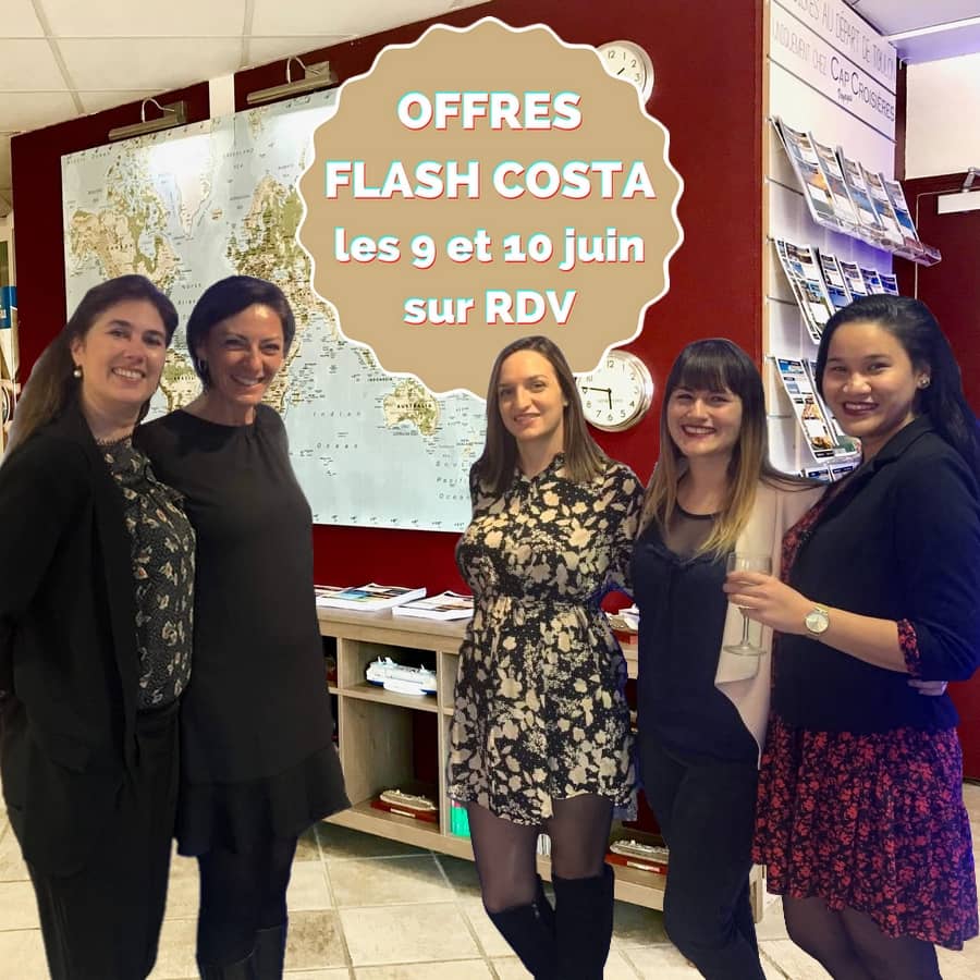 De gauche à droite : Sandra MEISSNER (directrice Cap Croisières Voyages), Lydie Civiletti (Costa Croisières), Lorella, Marianne, Heirani