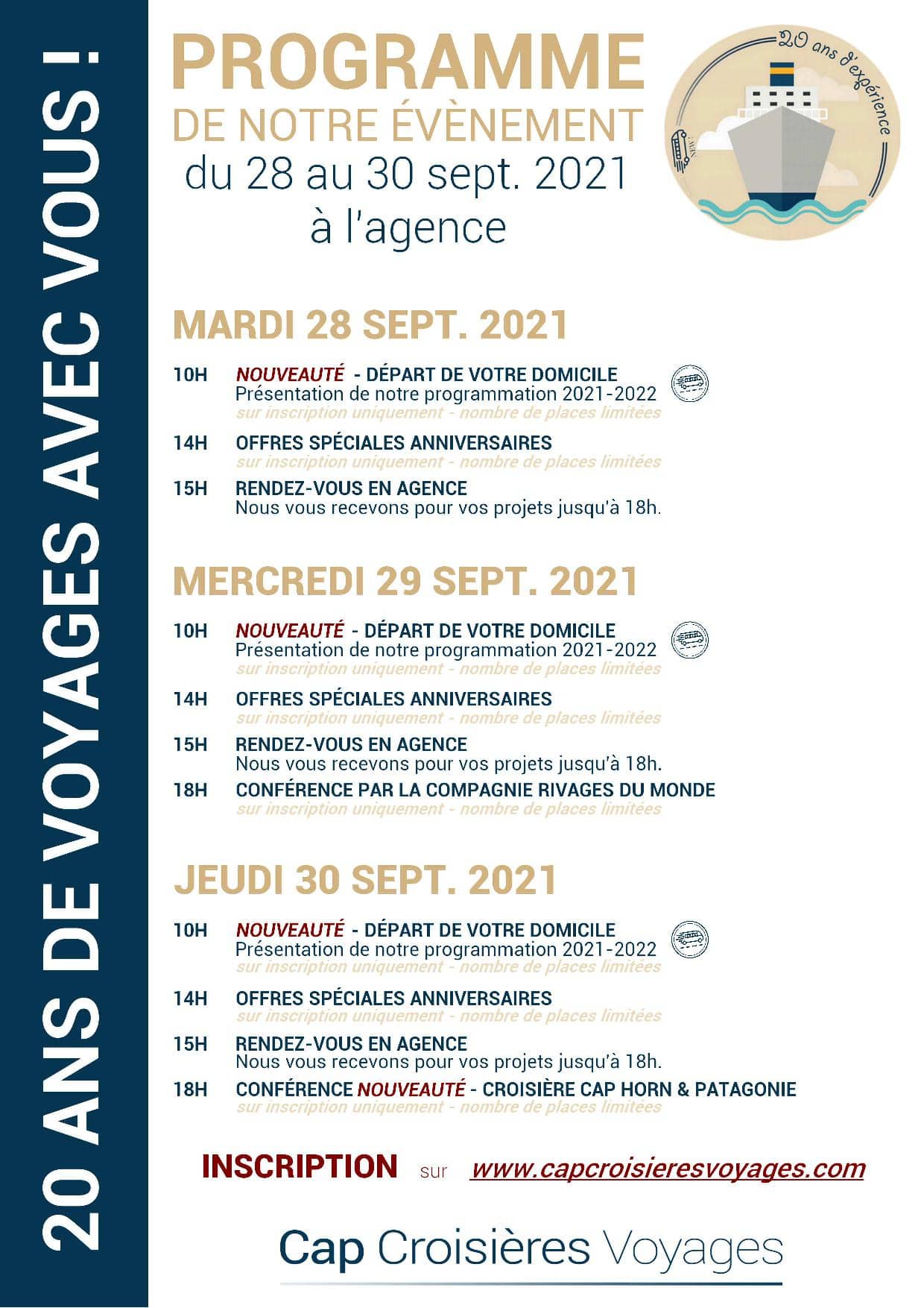 Programme des 20 ans de Cap Croisières Voyages