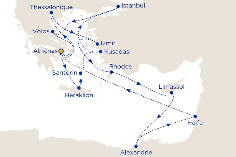 Carte itinéraire de la croisière Noël et Nouvel An 2022 de Celestyal Cruises, proposée par Cap Croisières Voyages