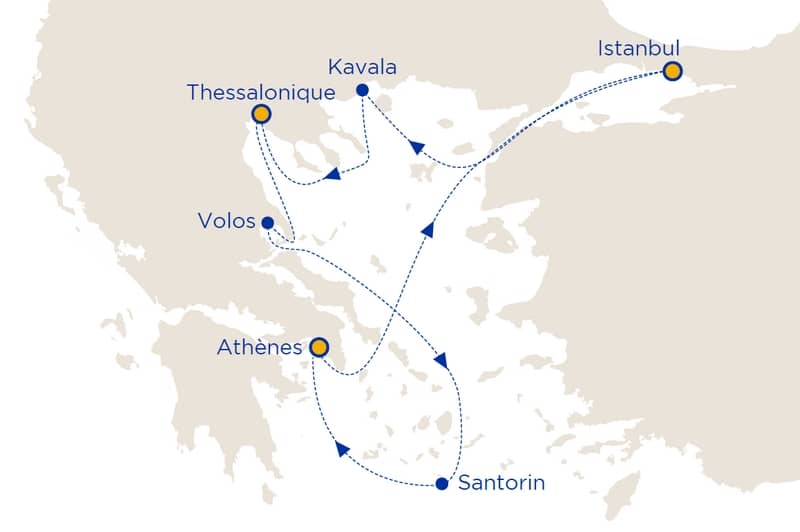 Carte itinéraire de la croisière Éclectique Mer Égée de Celestyal Cruises, proposée par Cap Croisières Voyages