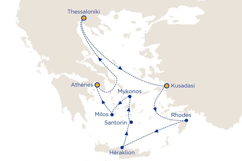Carte itinéraire de la croisière Idyllique Mer Égée de Celestyal Cruises, proposée par Cap Croisières Voyages
