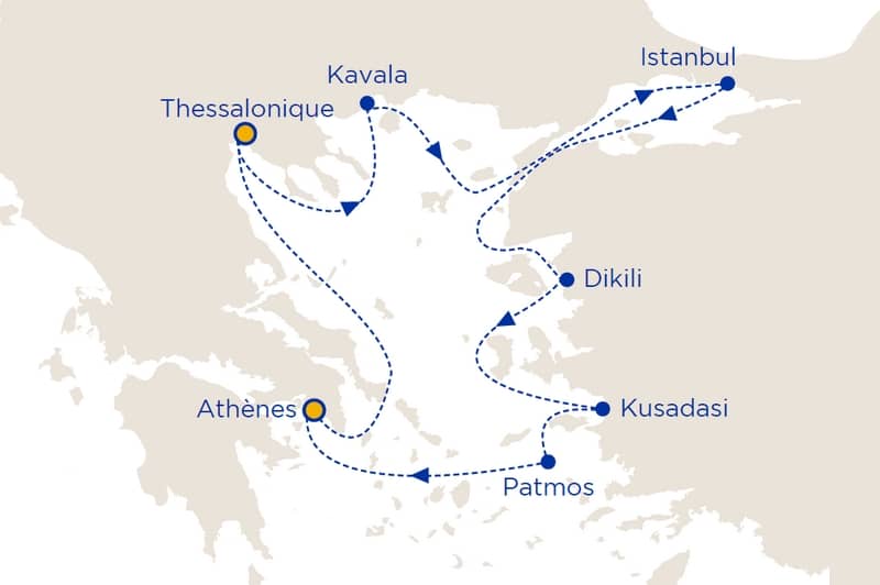 Carte itinéraire de la croisière Sur les Pas de Saint-Paul de Celestyal Cruises, proposée par Cap Croisières Voyages