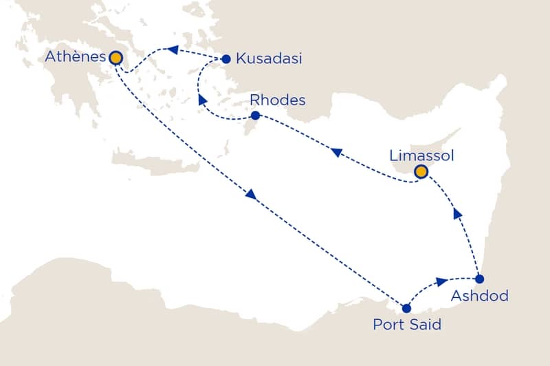 Carte itinéraire de la croisière Trois Continents de Celestyal Cruises, proposée par Cap Croisières Voyages